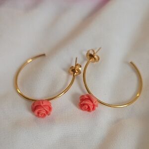 Gold Hoop Earrings with Coral Rose Accents